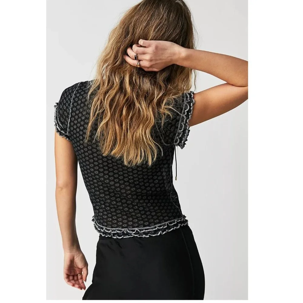 Free People Garner Tee Blouse Top Floral Print Ruffle Short Sleeve - Picture 2 of 7